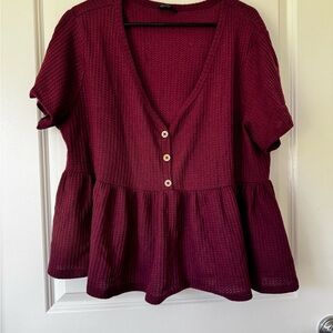 Red Boxy Peplum Blouse with Ribbed Texture